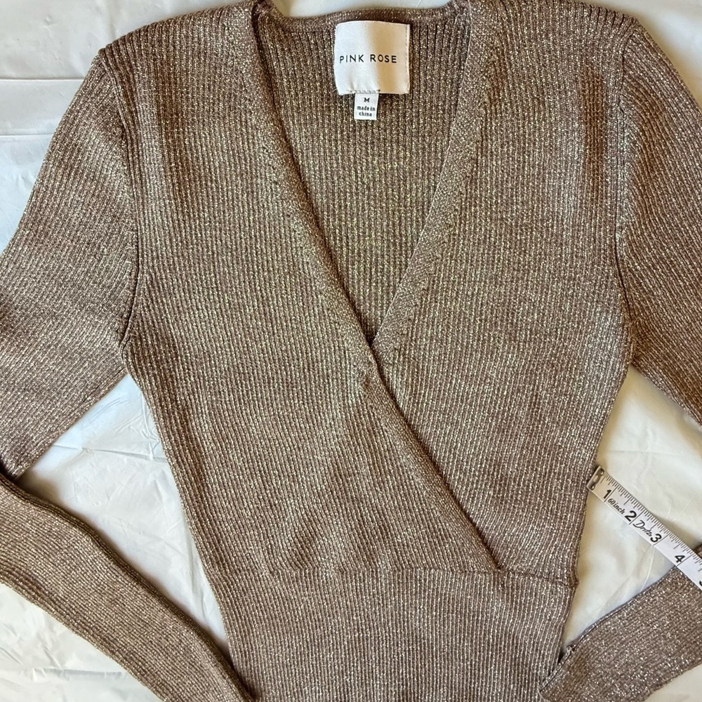 Pink Rose Brown Ribbed Wrap Blouse - Picture 5 of 6
